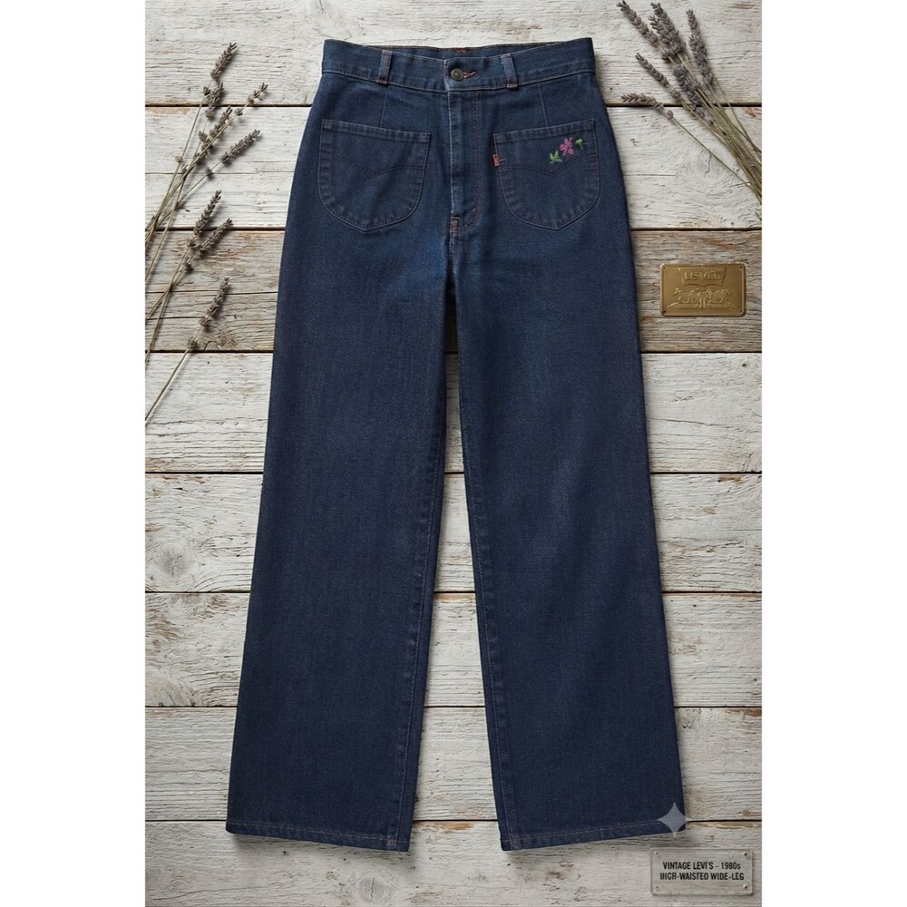 Vintage 70s Levi’s Pink Tab High Waist Wide Leg Jeans 28x30 Floral Embroidered - Picture 3 of 12